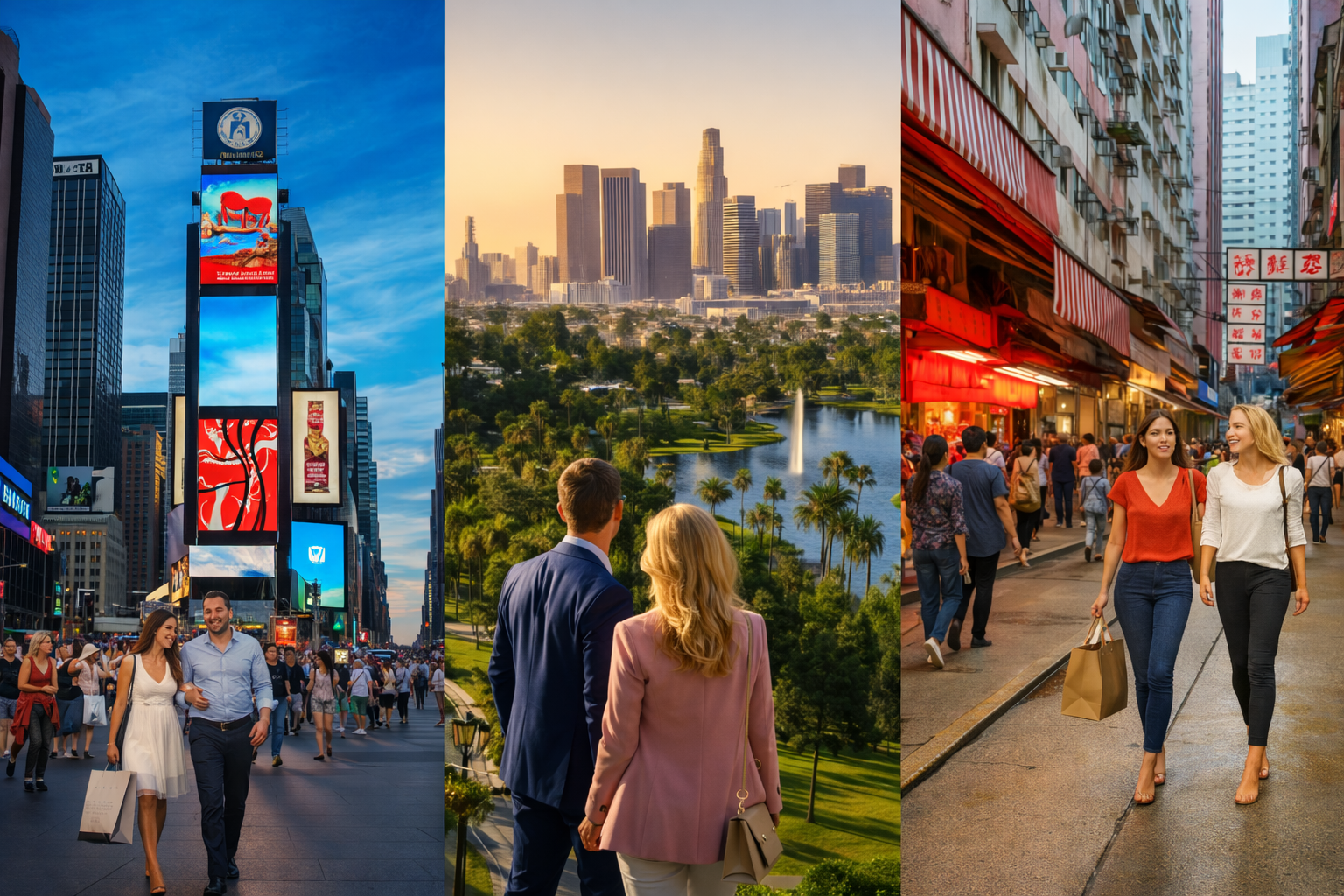 A collage of New York, Los Angeles, and Hong Kong style scenes